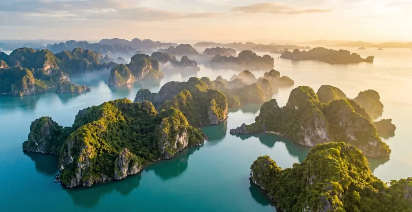 Vue aérienne matinale de la baie d'Halong avec ses formations karstiques émergeant de la brume, sans bateau visible