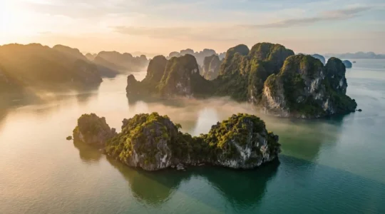 Vue aérienne matinale de la baie d'Halong avec ses formations karstiques émergeant de la brume, sans bateau visible
