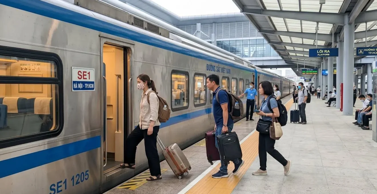 Vue en plongée de voyageurs montant dans un train vietnamien contemporain le long d'un quai de gare éclairé par la lumière naturelle, scène naturelle sans pose