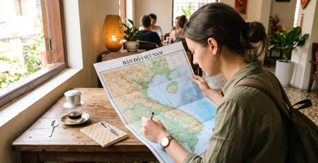 Vue par-dessus l'épaule d'un voyageur assis à une table en bois, étudiant une carte dépliée du Vietnam avec une tasse de café à proximité